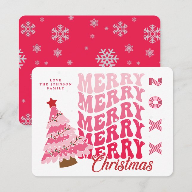 Retro Rosa Typografi God Jul Träd Namn  Julkort (Fram/baksida)