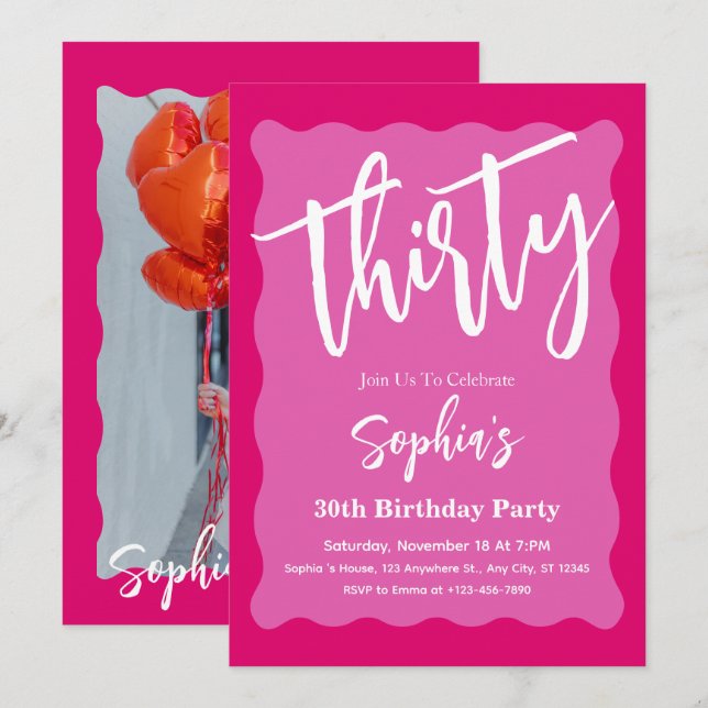 Retro Rosa Vågigt Curve Modern 30års födelsedag Pa Inbjudningar (Fram/baksida)