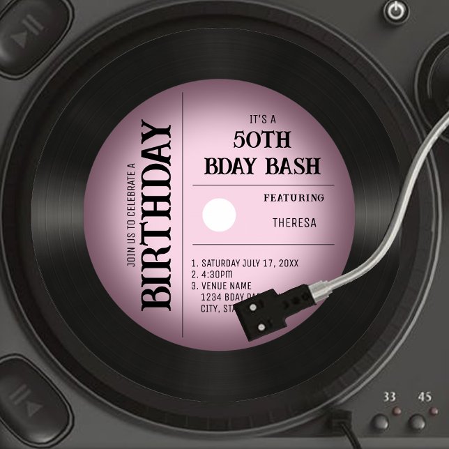 Retro Rosa Vignette Vinyl Record 50:e födelsedagen Inbjudningar (Retro Pink Vignette Vinyl Record 50th Birthday Invitation)