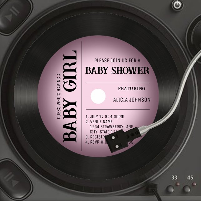 Retro Rosa Vignette Vinyl Record Girl Baby Shower Inbjudningar (Retro Pink Vignette Vinyl Record Girl Baby Shower Invitation)