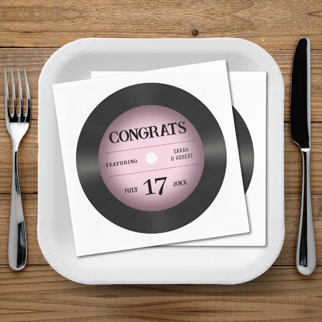 Retro Rosa Vinyl Record Bröllop Grattisar Pappersservett (Retro Pink Vinyl Record Wedding Congratulations Napkins
)