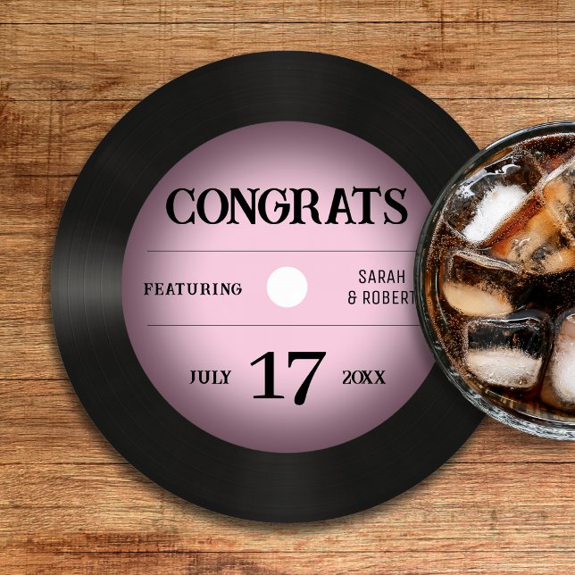 Retro Rosa Vinyl Record Bröllop Grattisar Underlägg Papper Rund (Retro Pink Vinyl Record Wedding Congratulations Round Paper Coaster
)