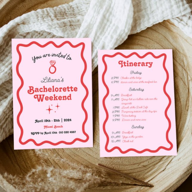 Retro Rosa Wave Bachelorette Helg Itinerary Inbjudningar (Skapare uppladdad)