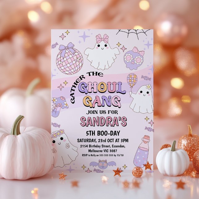 Retro Rosa Wave Halloween Ghoul Gang Birthday Inbjudningar (Halloween Ghoul Gang Birthday Invitation, Retro Purple Pink Ghoul Gang Halloween Birthday Invitation)