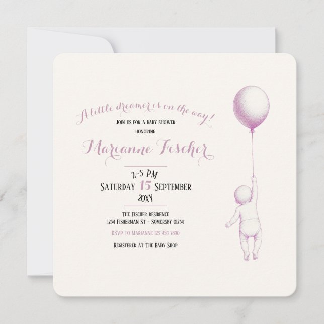 Retro rosa Whimsical Baby Shower-inbjudan (Framsida)