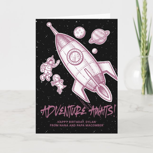 Retro Rosa White Space Travel Rocket Birthday Kort (Framsida)