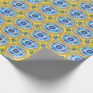 Retro Round Tiles Mexico Daisy Mönster Gult BLue Presentpapper