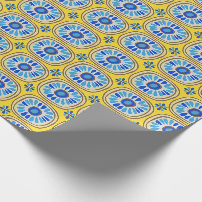 Retro Round Tiles Mexico Daisy Mönster Gult BLue Presentpapper (Hörn)