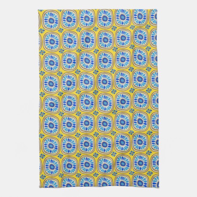 Retro Round Tiles Mexico Daisy Mönster Gult Kökshandduk (Vertikal)