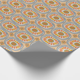 Retro Round Tiles Mexico Daisy Mönster Orange BLue Presentpapper