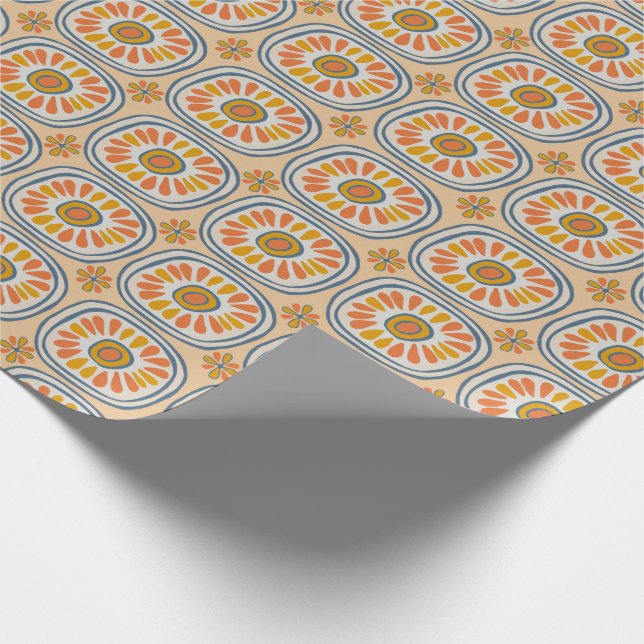 Retro Round Tiles Mexico Daisy Mönster Orange BLue Presentpapper (Hörn)