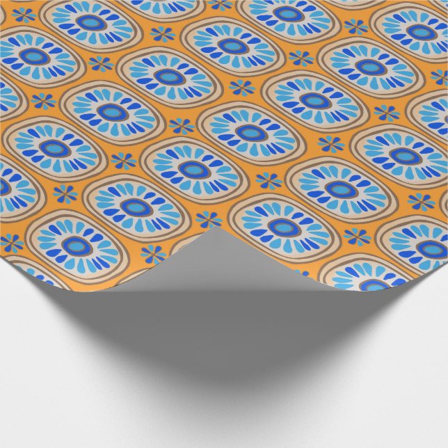 Retro Round Tiles Mexico Daisy Mönster Orange BLue Presentpapper (Hörn)
