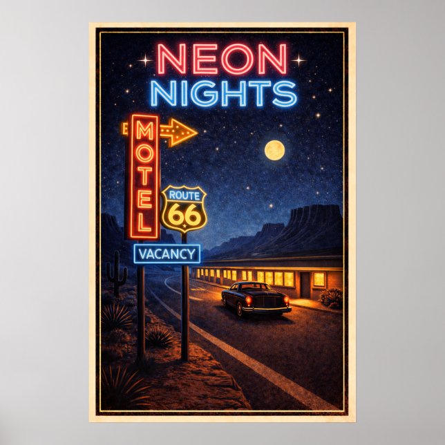 Retro Route 66 Neon Nätter Konst Poster (Framsidan)