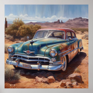 Retro Route 66 Vintage Bil Ökenkonstverk Poster