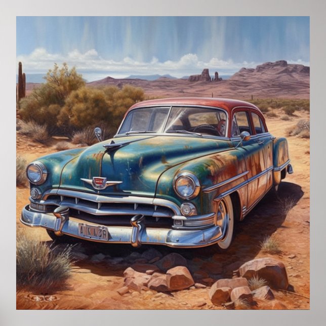 Retro Route 66 Vintage Bil Ökenkonstverk Poster (Framsidan)