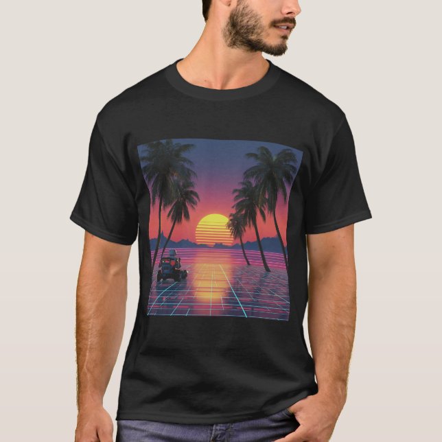 Retro Rover Watching Neon Sunset T Shirt (Framsida)