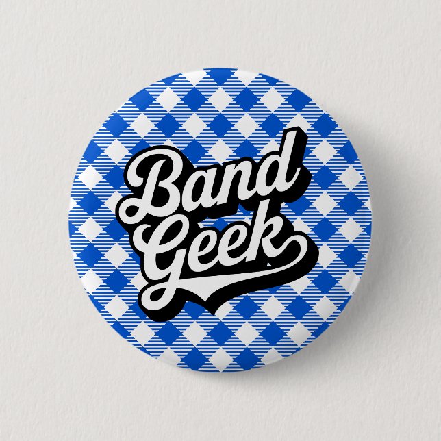 Retro Royalblå Marching Band Nörd Gingham Knapp (Framsida)