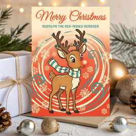 Retro Rudolf i en snöstorm jul Helgkort