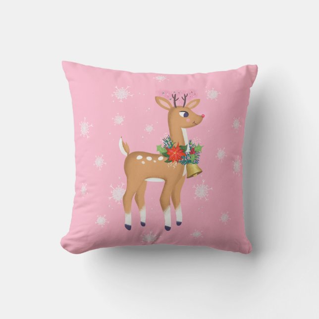 Retro Rudolph Reindeer Rosa Dekorativ kudde (Framsida)