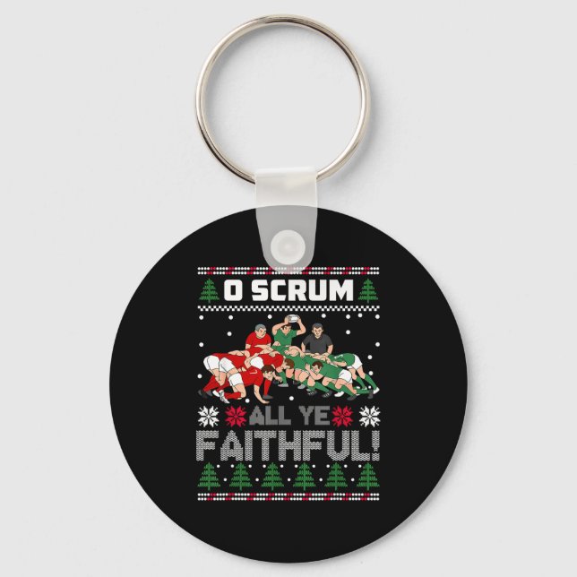 Retro Rugby O Scrum All Ye Faithful Ugly Merry Chr Nyckelring (Framsida)