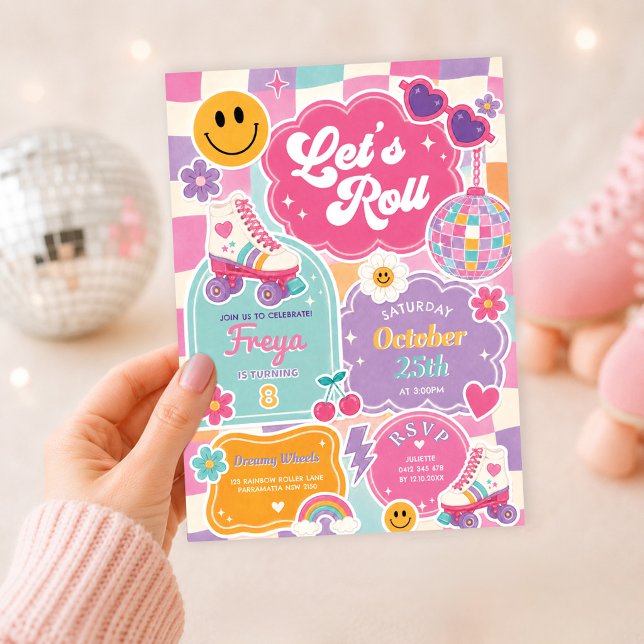 Retro rullskridsko randig regnbåge flicka födelsed inbjudningar (Skapare uppladdad)