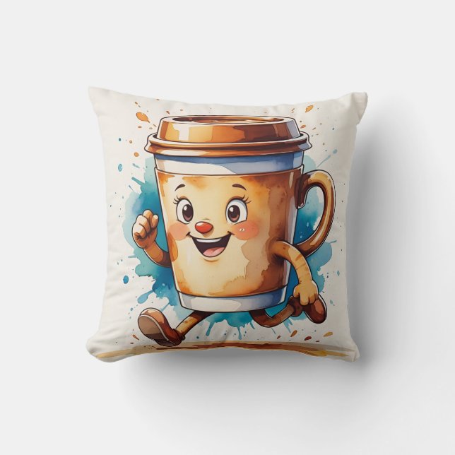 Retro Running Coffee Kopp Pillow Kudde (Framsida)