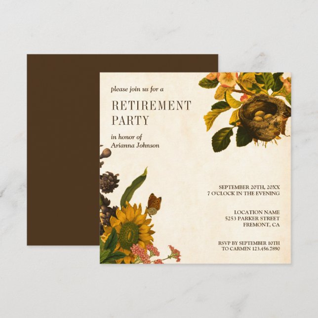 Retro Rustik Floral Pensionärsfest Inbjudningar (Fram/baksida)