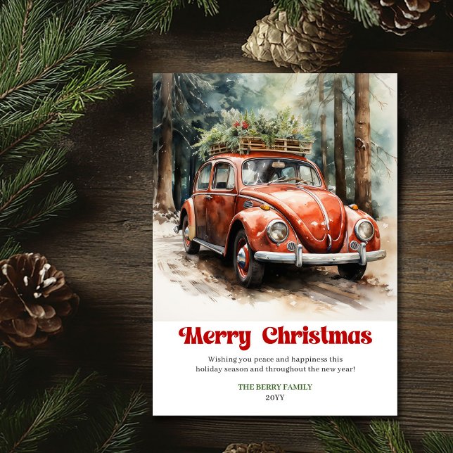 Retro rustik julscen röd bil hälsning julkort (Retro rustic Christmas scene red car greeting)