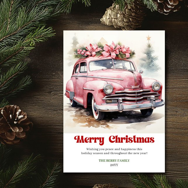 Retro rustik julscen rosa bil hälsning julkort (Retro rustic Christmas scene pink car greeting)