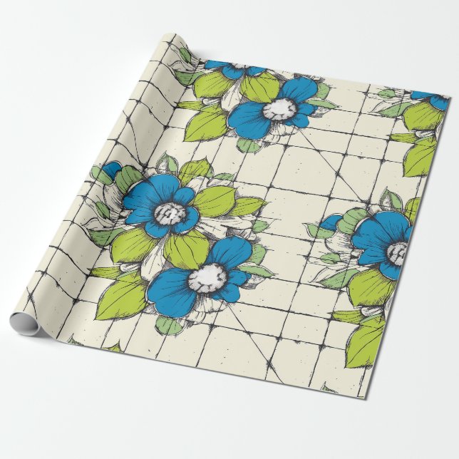 Retro-rutig blomsterinpackningspapper med blomster presentpapper (Utrullad)