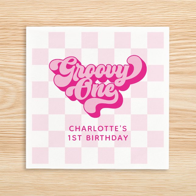 Retro-rutig Hot Pink Groovy One Pappersservett (Retro Checker Hot Pink Groovy One Napkins)