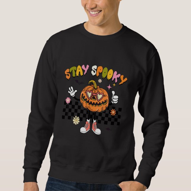Retro Rutig Spöklik Pumpa Halloween Lång Ärmad Tröja (Framsida)