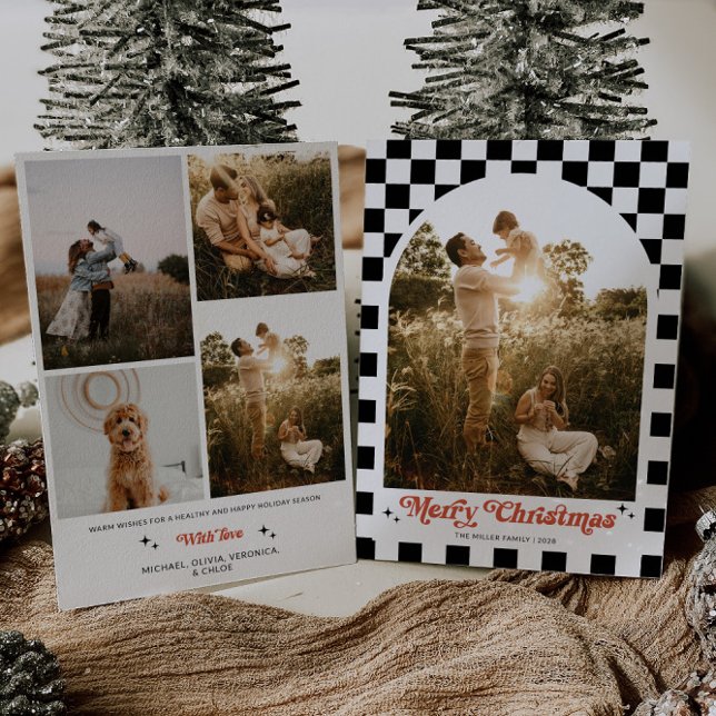 Retro Rutig Valv Familjefoto Julkort (Retro Arch Family Photo Christmas Card)