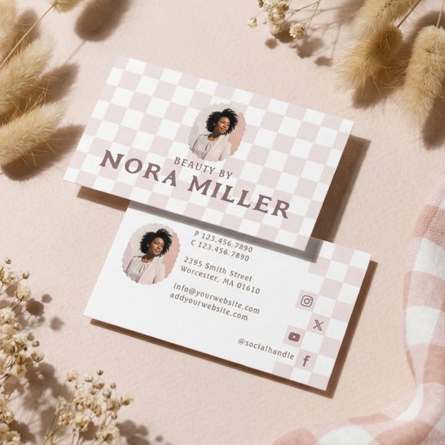 Retro Rutigt Mönster Skönhetsproffs Foto  Visitkort (Retro Checkered Pattern Beauty Professional Photo Business Card)