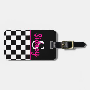Retro Rutigt Neonlys Rosa Namnmonogram Bagagebricka