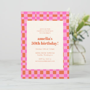 Retro Rutigt Rosa Orange 50-års Födelsedag Inbjudningar