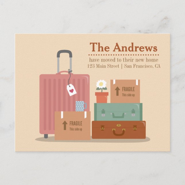 Retro-rutor och resväskor Nya hemmeddelanden Meddelande Vykort (Framsida)