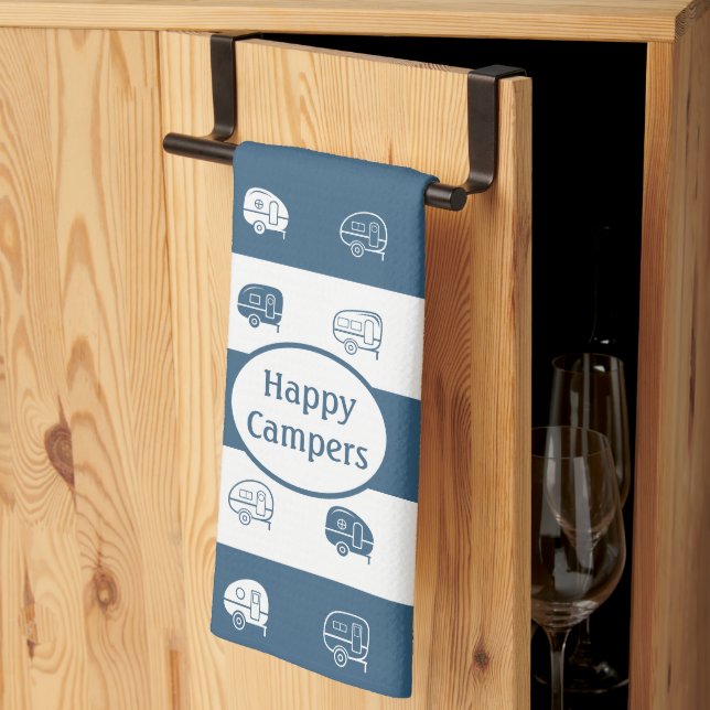 Retro RV-brickor Lycklig Campers Dusty Blue & Whit Kökshandduk (Thirds Fold)