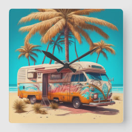 Retro RV och Handflatan Träd Fyrkantig Klocka