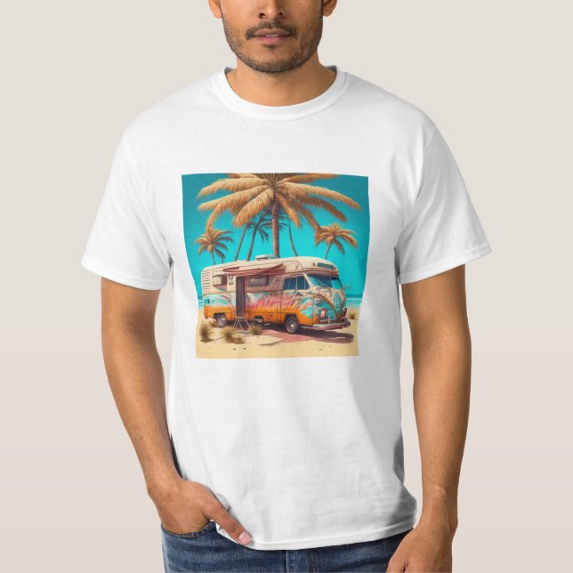 Retro RV och Handflatan Träd T Shirt (Framsida)