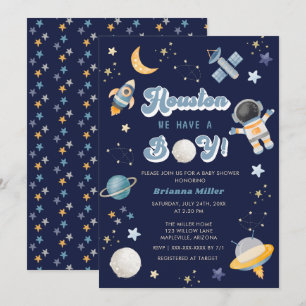 Retro Rymden Houston Vi Har En Pojke Baby Shower Inbjudningar