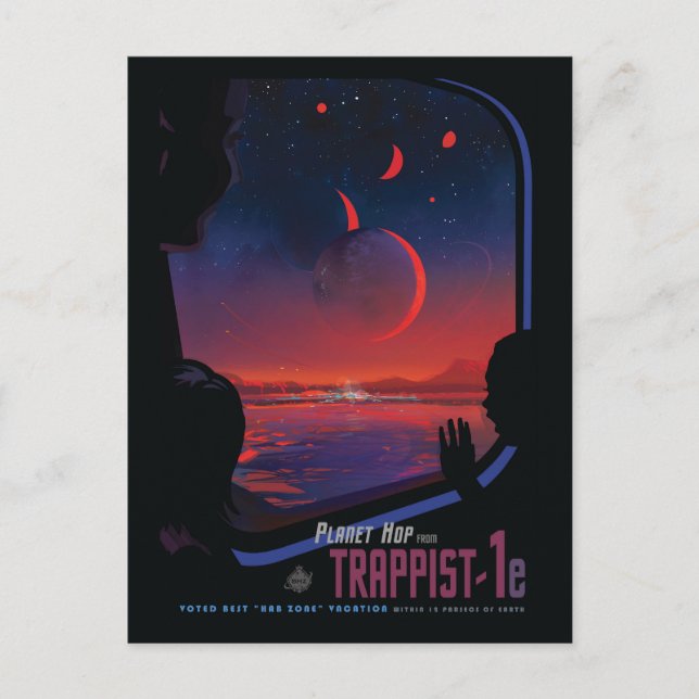 Retro rymdplansch - Betraktare observerar Trappist Vykort (Framsida)