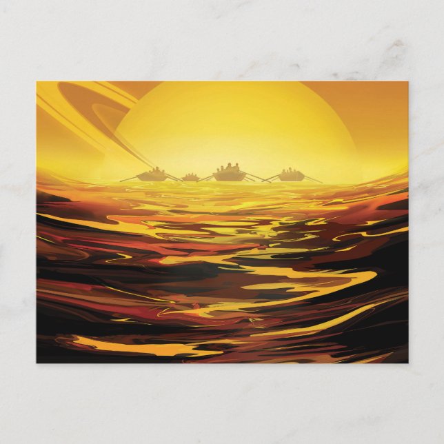 Retro rymdplansch-Saturnus största måne, Titan. Vykort (Framsida)