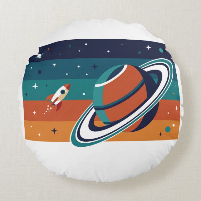 Retro rymdreseposter med ringad planet rund kudde (Framsidan)
