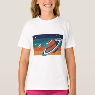 Retro rymdreseposter med ringad planet t shirt