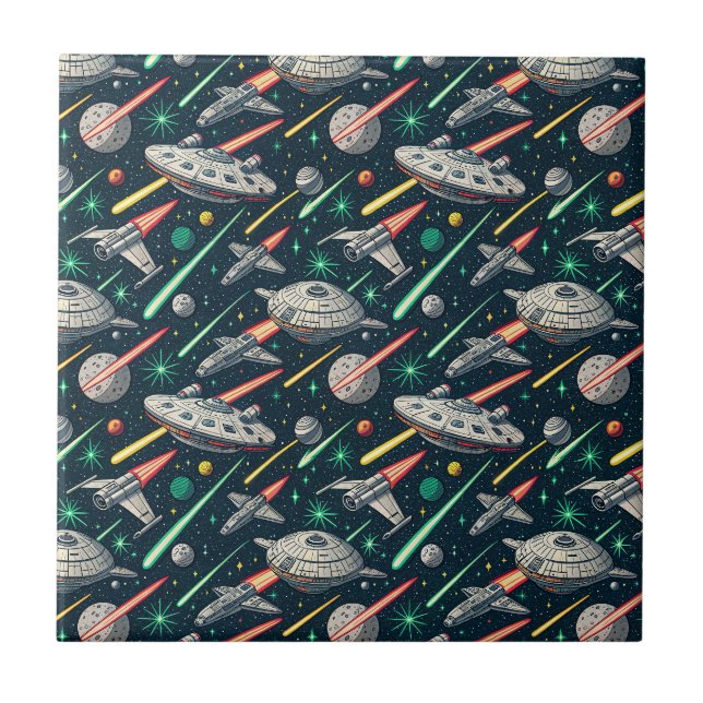 Retro rymdskepp Sci-Fi rymdstrid komisk mönster Kakelplatta (Framsidan)