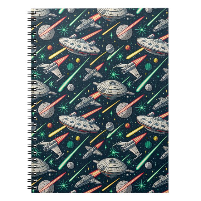 Retro Rymdskepp Sci-Fi Rymdstrid Seriemönster Anteckningsbok (Framsidan)