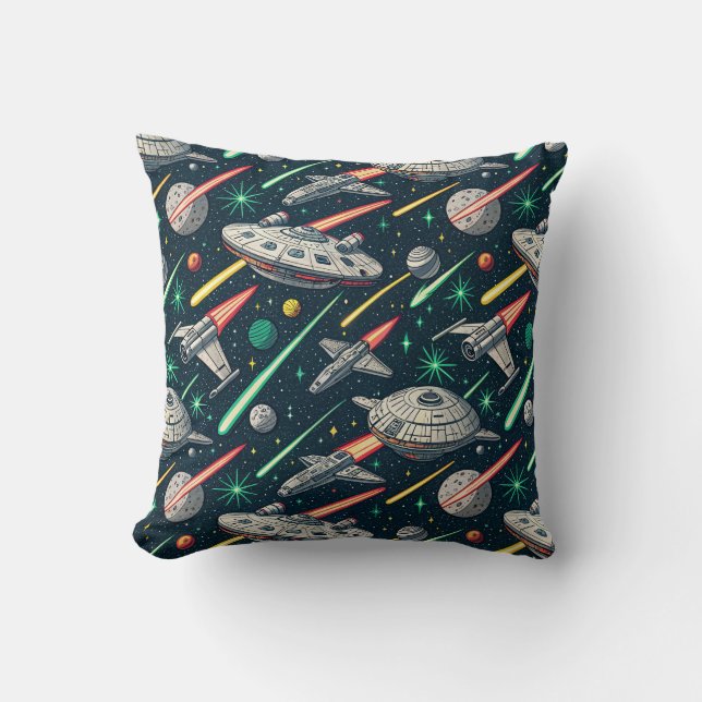 Retro Rymdskepp Sci-Fi Rymdstrid Seriemönster Kudde (Framsida)