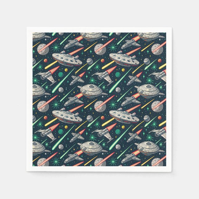 Retro Rymdskepp Sci-Fi Rymdstrid Seriemönster Pappersservett (Framsidan)