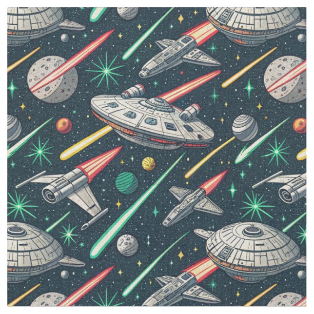 Retro Rymdskepp Sci-Fi Rymdstrid Seriemönster Tyg (Närbild)
